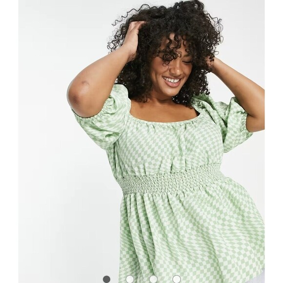 Fashion Union ASOS Plus Checkerboard Smocked Waist Blouse Puff Sleeve Size 20 - Picture 1 of 11